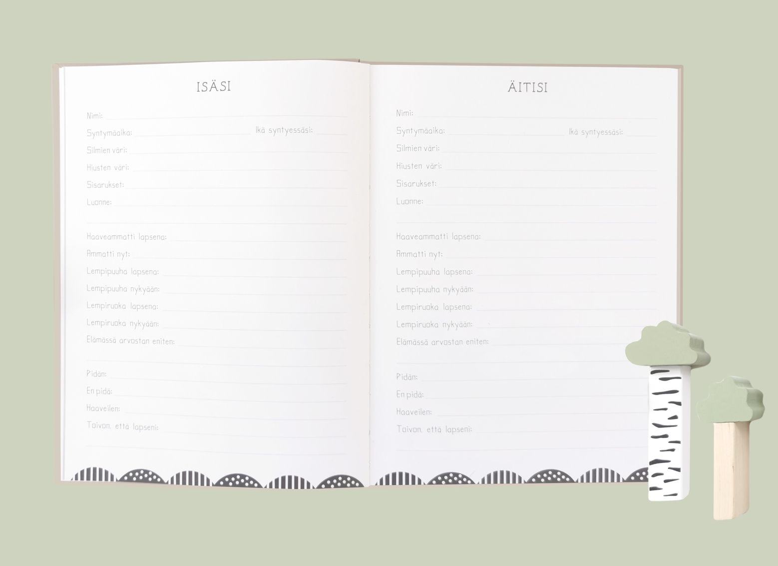 Aukeama, jossa on täytettävät sivut vauvan vanhemmille