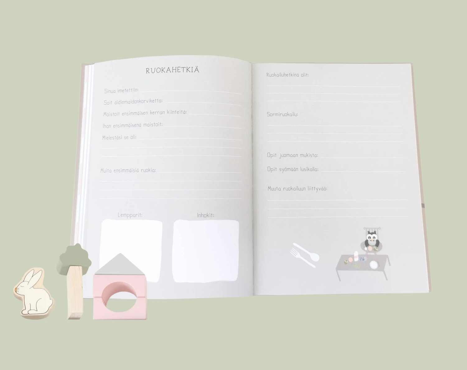 Pieni rakas - vauvakirjan aukeama ruokailusta, ensimmäiset kiinteiden maistelut, lempiruuat ja inhokkiruuat.