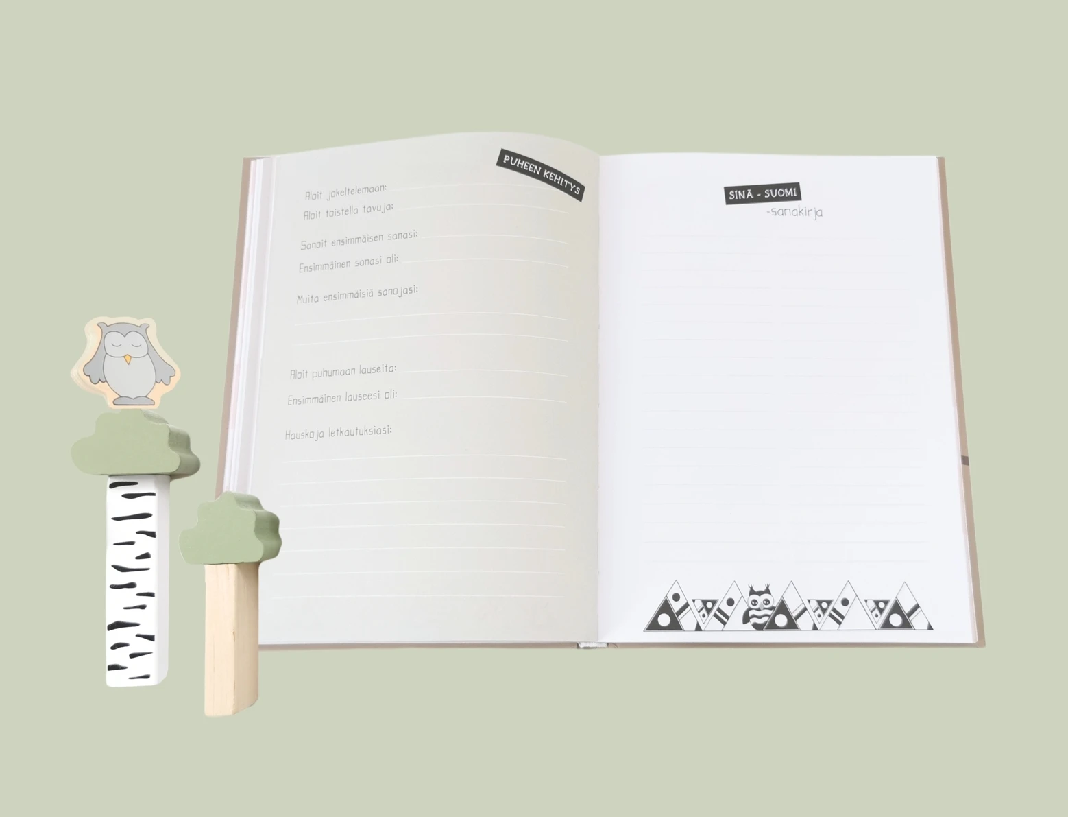 Vauvakirjan sivu, jossa voi kirjata ylös puhumaan oppimisesta. Ensimmäiset sanat, ensimmäiset lauseet ja hauskat sanonnat.