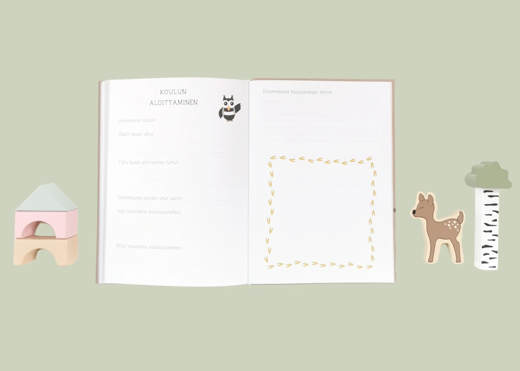 Pieni rakas-vauvakirjan sisäsivu, jossa voi kirjata lapsen koulun aloittamisesta seitsemänvuotiaana.