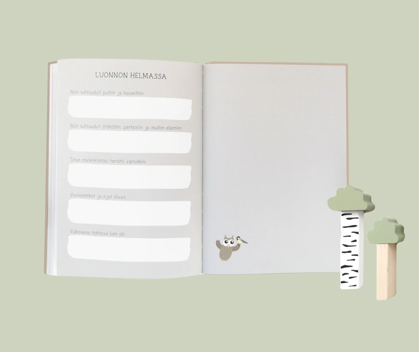 Vauvakirjan sivu luonnon ihmeistä, jossa voi kirjata luonnon ihmeistä, kuten muurahaisten ja perhosten tarkkailusta ja ensilumen riemusta.