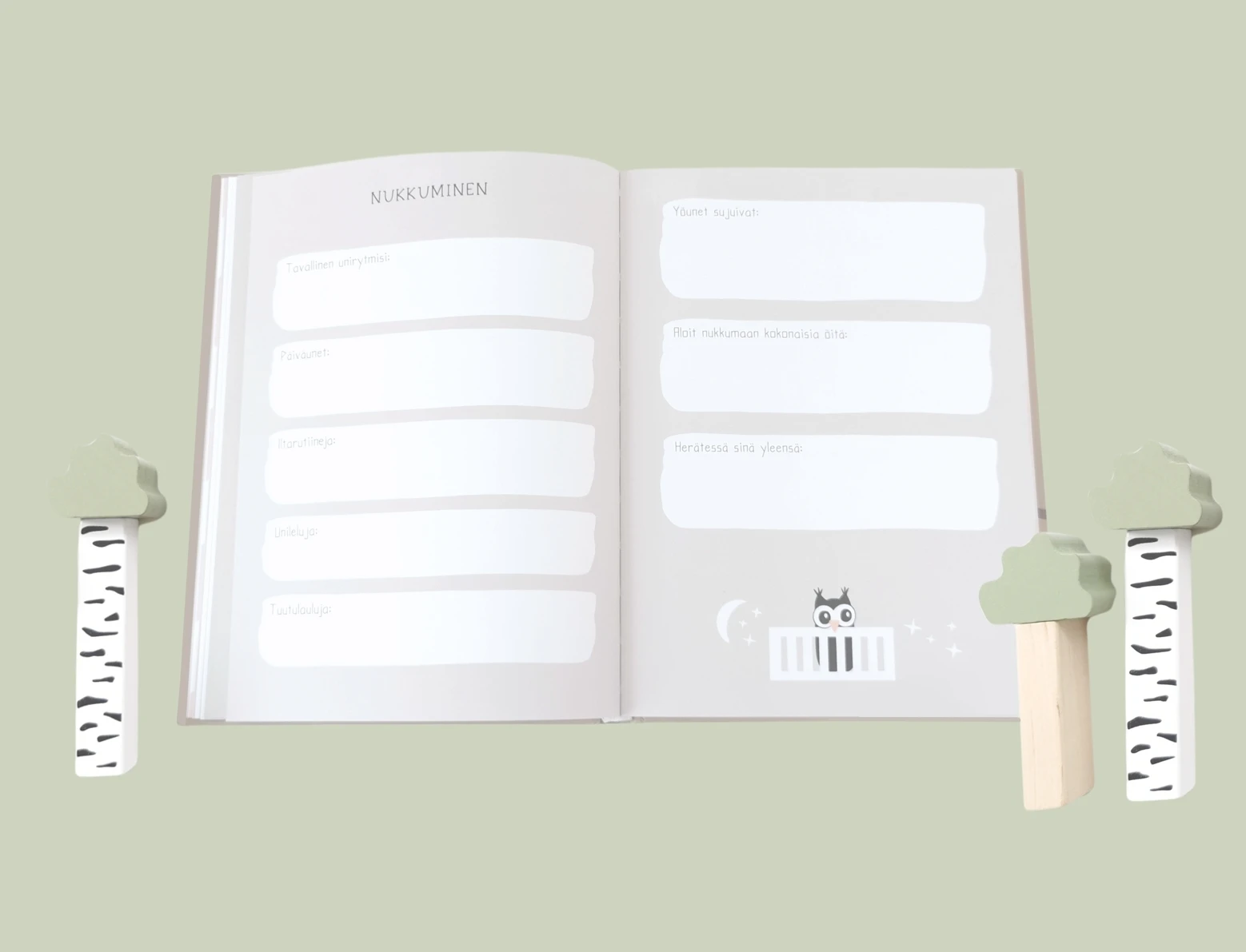 Vauvakirjan aukeama, johon voi kirjata vauvan nukkumisesta erilaisia asioita