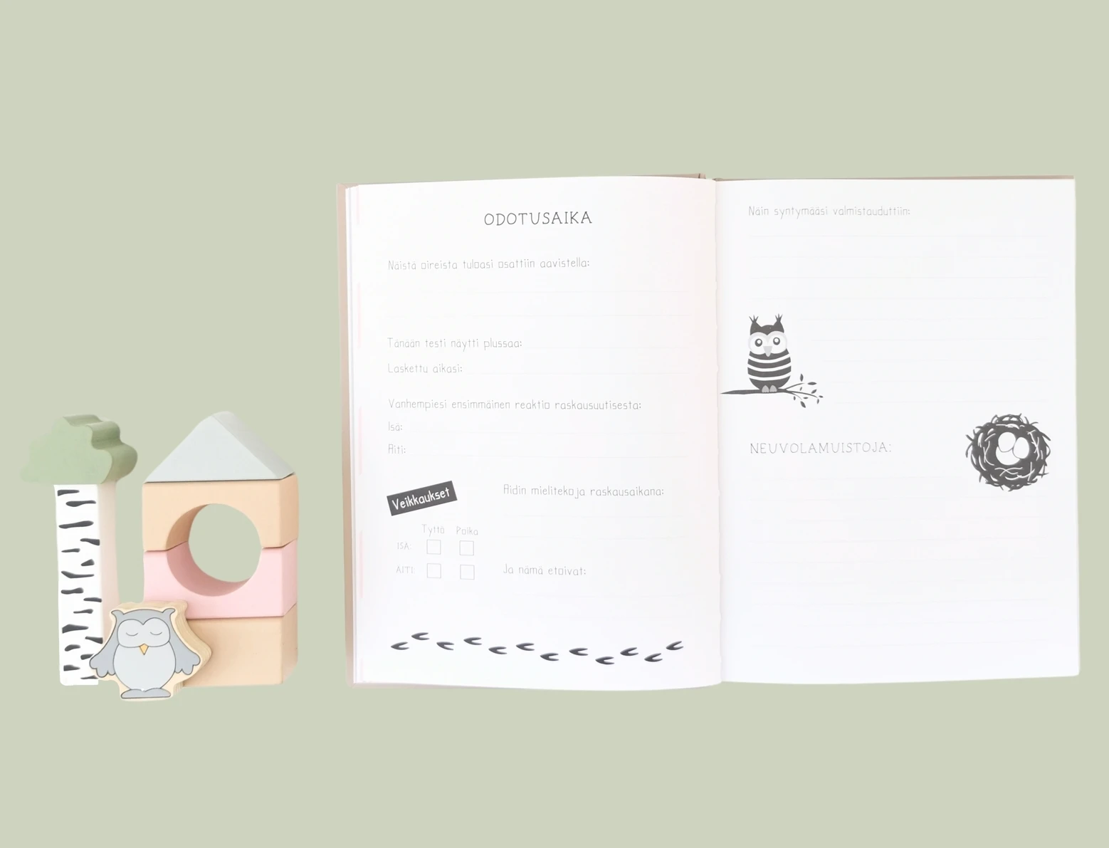 Vauvakirjan sivu, johon voi kirjata plussatestin fiiliksiä ja kertoa miten raskaus on sujunut