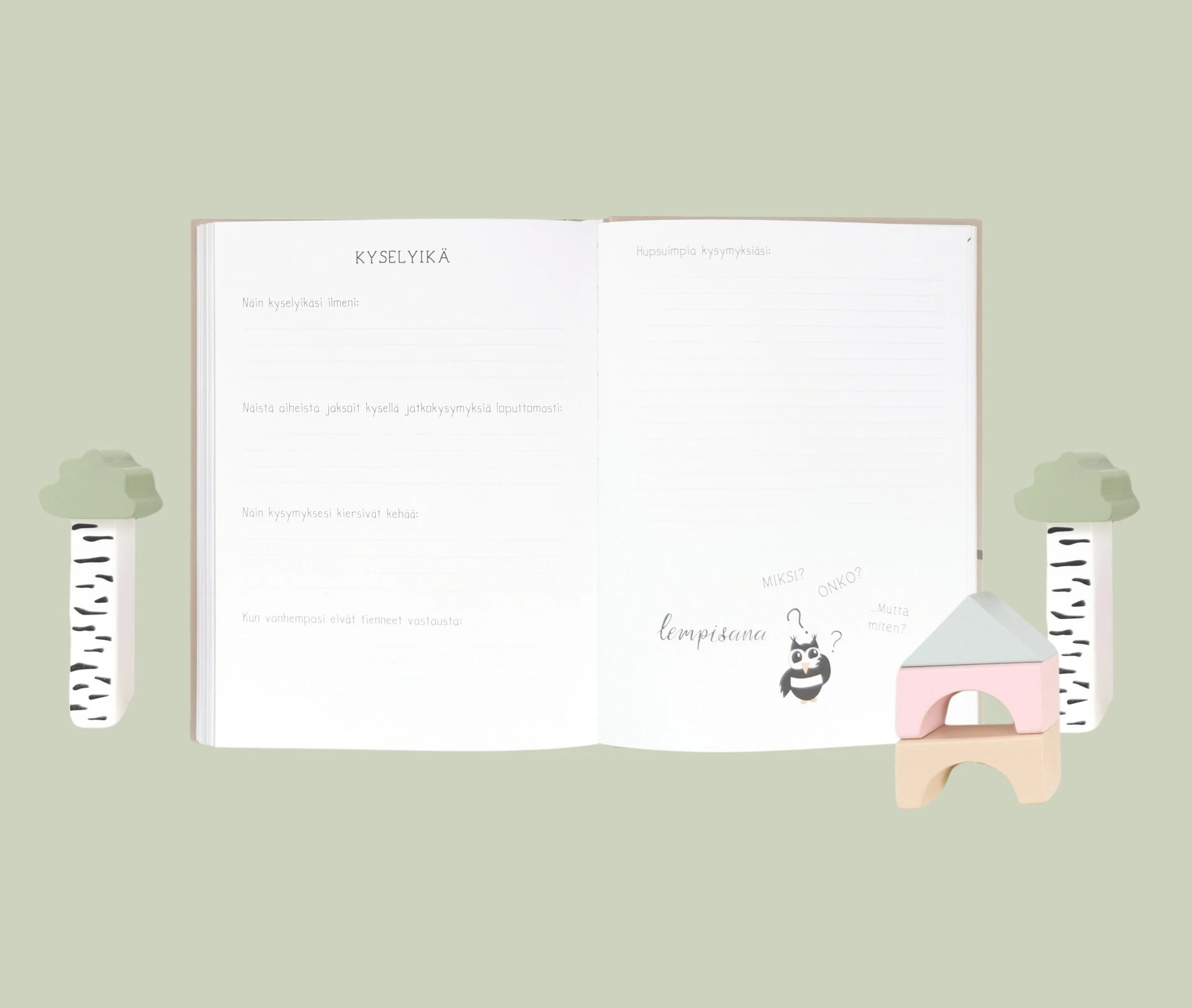 vauvakirjan aukeama kyselyiästä, jossa voi kirjata lapsen hauskoja kysymyksiä ja sitä miten kysymykset kiersivät kehää.